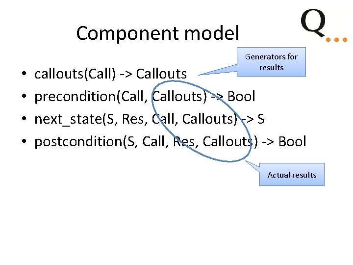 Component model • • Generators for results callouts(Call) -> Callouts precondition(Call, Callouts) -> Bool Component model • • Generators for results callouts(Call) -> Callouts precondition(Call, Callouts) -> Bool