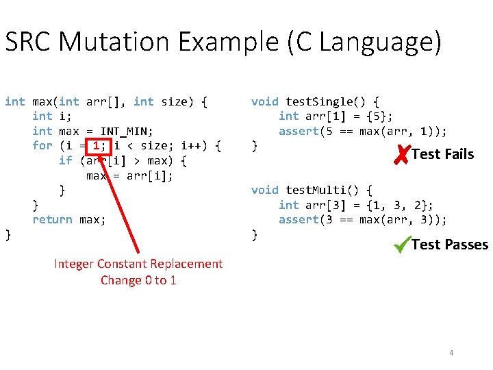 SRC Mutation Example (C Language) int max(int arr[], int size) { int i; int