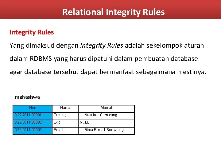 Relational Integrity Rules Yang dimaksud dengan Integrity Rules adalah sekelompok aturan dalam RDBMS yang