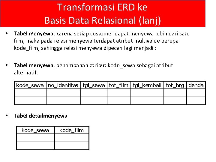 Transformasi ERD ke Basis Data Relasional (lanj) • Tabel menyewa, karena setiap customer dapat