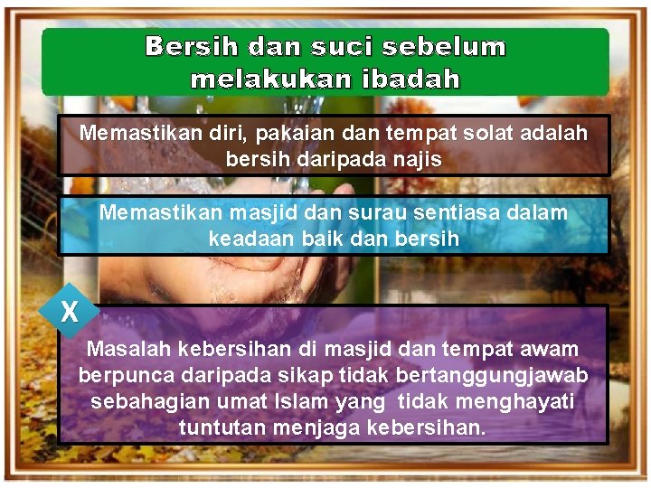 Bersih dan suci sebelum melakukan ibadah Memastikan diri, pakaian dan tempat solat adalah bersih