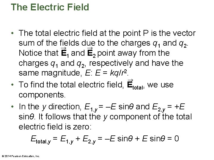 The Electric Field • The total electric field at the point P is the