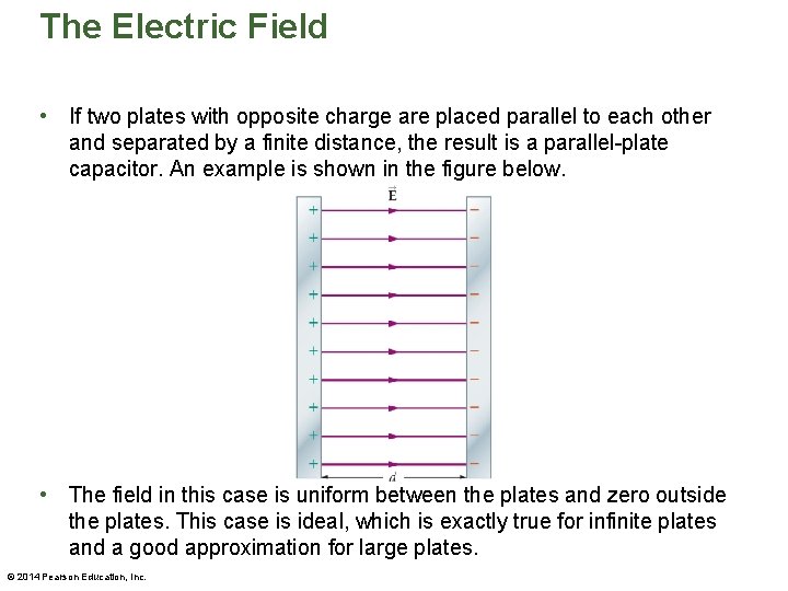 The Electric Field • If two plates with opposite charge are placed parallel to