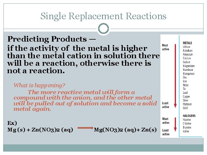 Single Replacement Reactions Predicting Products — if the activity of the metal is higher