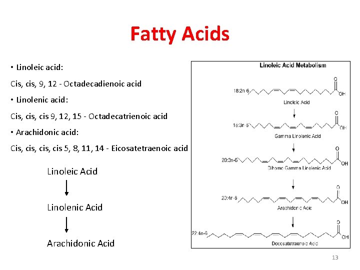 Fatty Acids • Linoleic acid: Cis, cis, 9, 12 - Octadecadienoic acid • Linolenic