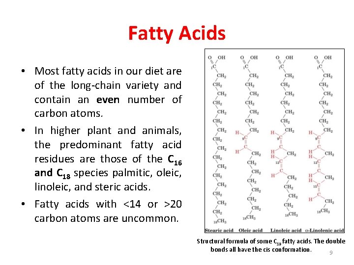 Fatty Acids • Most fatty acids in our diet are of the long-chain variety