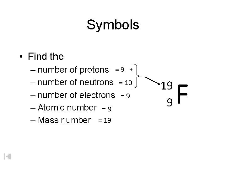 Symbols • Find the – number of protons = 9 + – number of