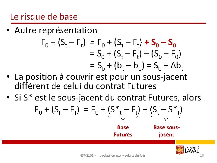 Le risque de base • Autre représentation F 0 + (St – Ft) =