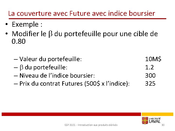 La couverture avec Future avec indice boursier • Exemple : • Modifier le du