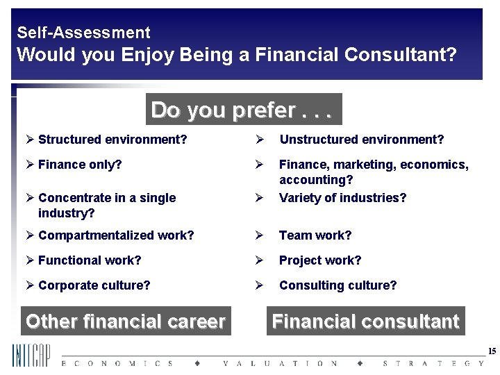 Self-Assessment Would you Enjoy Being a Financial Consultant? Do you prefer. . . Ø