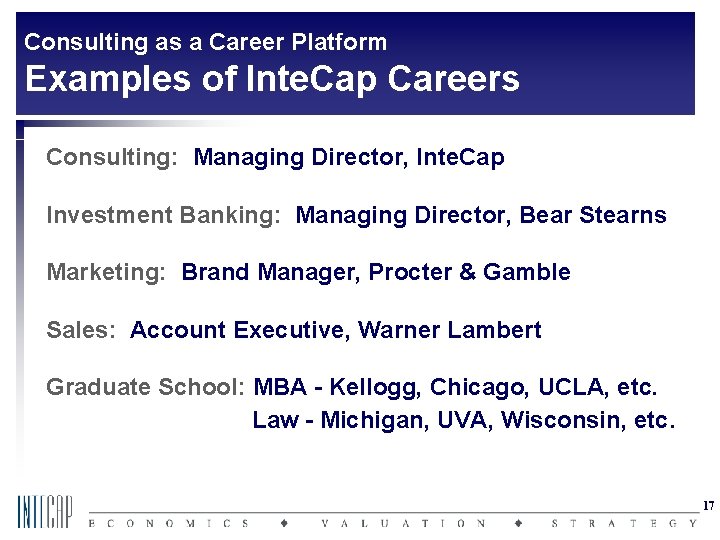 Consulting as a Career Platform Examples of Inte. Cap Careers Consulting: Managing Director, Inte.