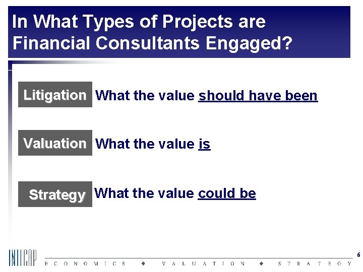 In What Types of Projects are Financial Consultants Engaged? Litigation What the value should