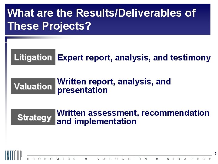 What are the Results/Deliverables of These Projects? Litigation Expert report, analysis, and testimony Written