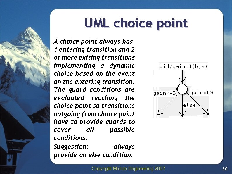 UML choice point A choice point always has 1 entering transition and 2 or UML choice point A choice point always has 1 entering transition and 2 or