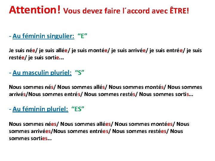 Attention! Vous devez faire l´accord avec ÊTRE! - Au féminin singulier: “E” Je suis Attention! Vous devez faire l´accord avec ÊTRE! - Au féminin singulier: “E” Je suis