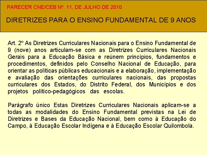 PARECER CNE/CEB Nº. 11, DE JULHO DE 2010 DIRETRIZES PARA O ENSINO FUNDAMENTAL DE