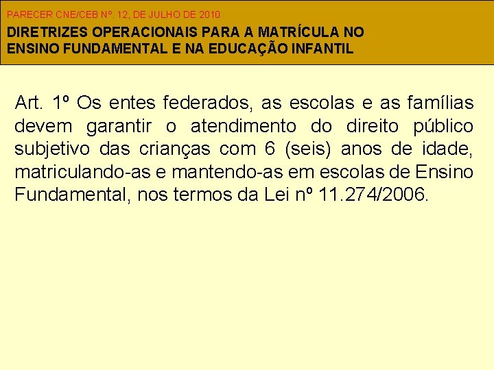 PARECER CNE/CEB Nº. 12, DE JULHO DE 2010 DIRETRIZES OPERACIONAIS PARA A MATRÍCULA NO