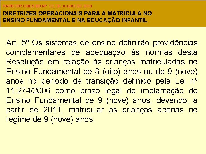 PARECER CNE/CEB Nº. 12, DE JULHO DE 2010 DIRETRIZES OPERACIONAIS PARA A MATRÍCULA NO