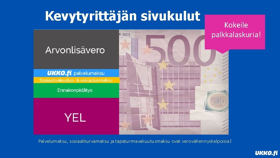 Kevytyrittäjän sivukulut Kokeile palkkalaskuria! Palvelumaksu, sosiaaliturvamaksu ja tapaturmavakuutusmaksu ovat verovähennyskelpoisia! 