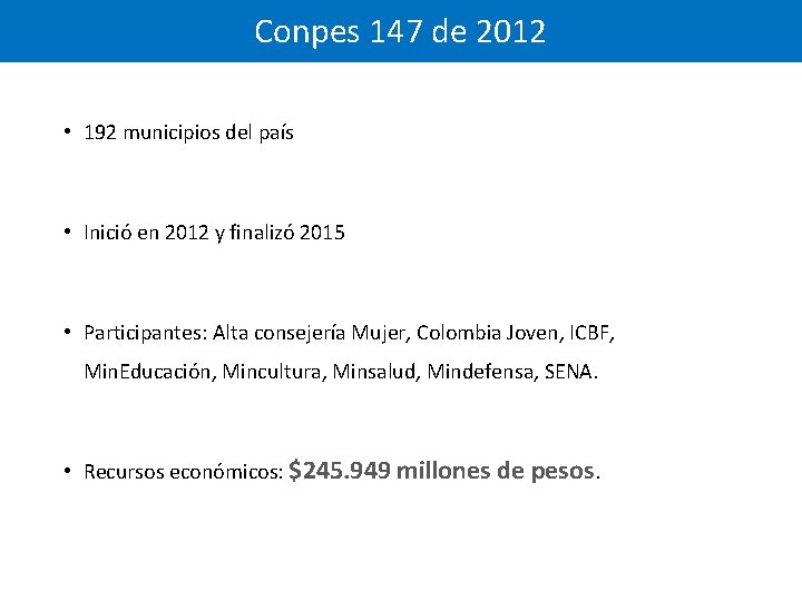 Conpes 147 de 2012 • 192 municipios del país • Inició en 2012 y