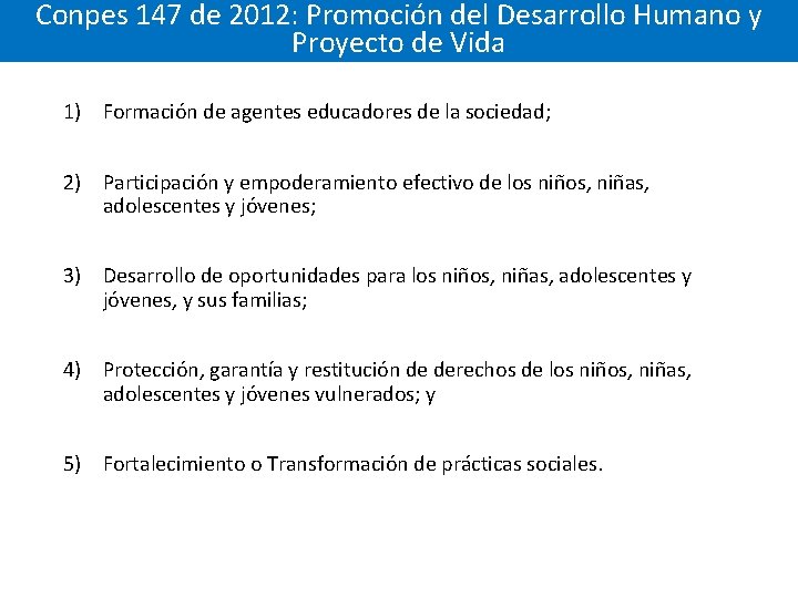 Conpes 147 de 2012: Promoción del Desarrollo Humano y Proyecto de Vida 1) Formación