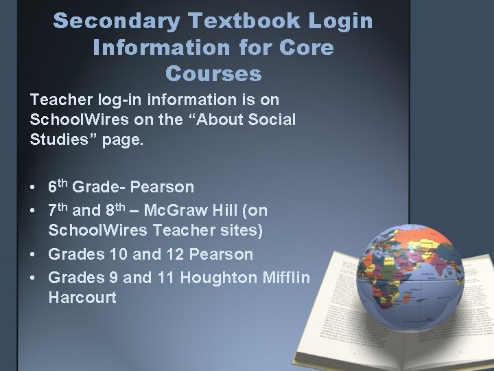 Secondary Textbook Login Information for Core Courses Teacher log-in information is on School. Wires Secondary Textbook Login Information for Core Courses Teacher log-in information is on School. Wires