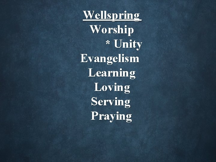 Wellspring Worship * Unity Evangelism Learning Loving Serving Praying 
