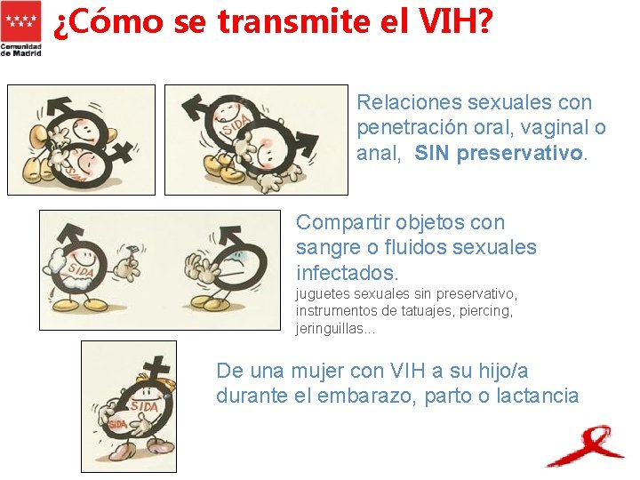 ¿Cómo se transmite el VIH? Relaciones sexuales con penetración oral, vaginal o anal, SIN