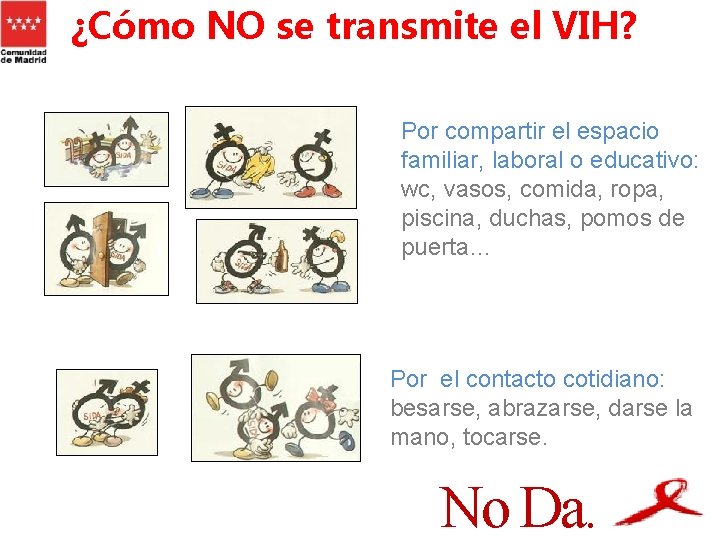 ¿Cómo NO se transmite el VIH? Por compartir el espacio familiar, laboral o educativo: