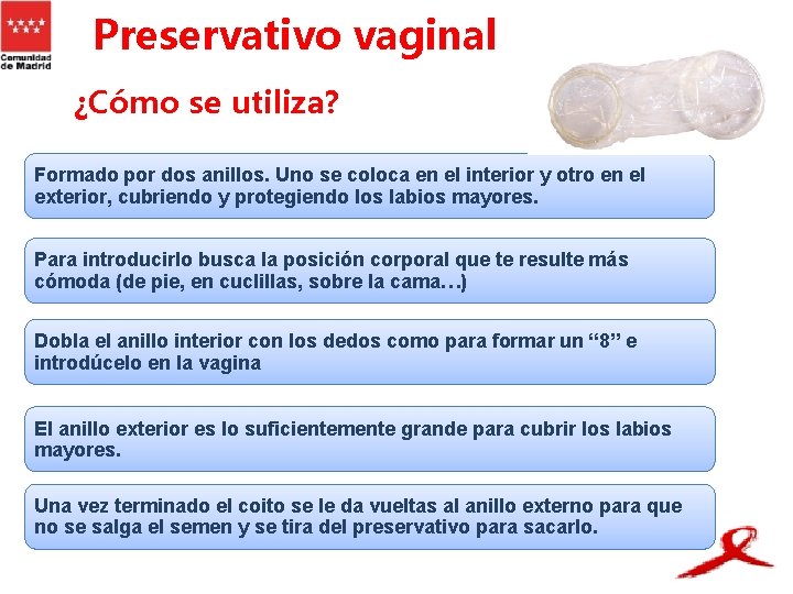 Preservativo vaginal ¿Cómo se utiliza? Formado por dos anillos. Uno se coloca en el