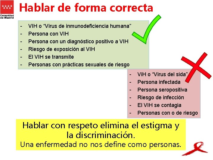 Hablar de forma correcta - VIH o “Virus de inmunodeficiencia humana” Persona con VIH