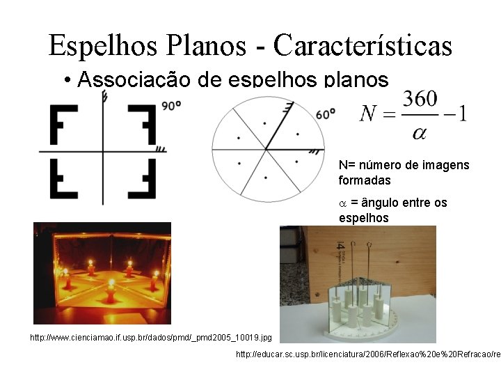 Espelhos Planos - Características • Associação de espelhos planos N= número de imagens formadas