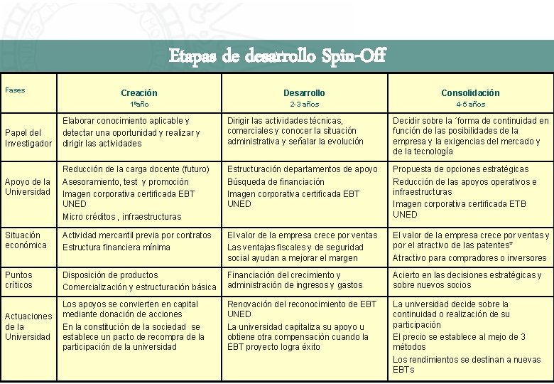 Etapas de desarrollo Spin-Off Fases Creación Desarrollo Consolidación 1ºaño 2 -3 años 4 -5