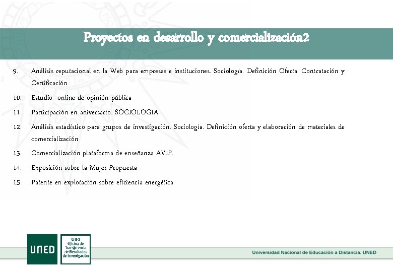 Proyectos en desarrollo y comercialización 2 9. 10. 11. 12. 13. 14. 15. Análisis