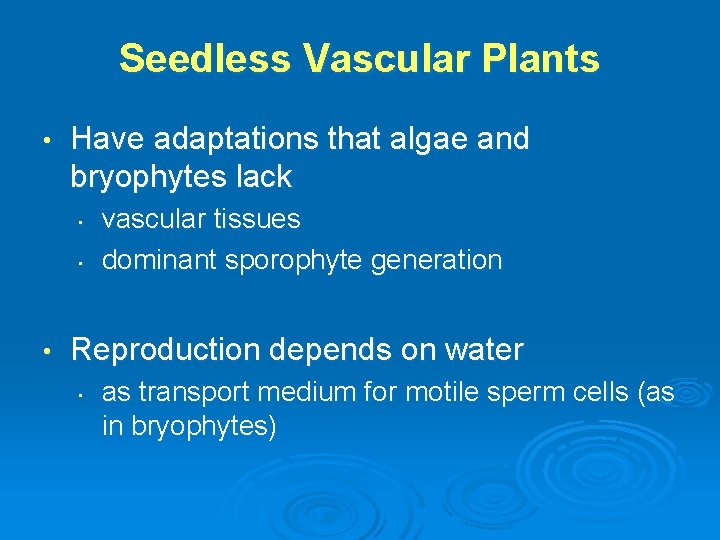 Seedless Vascular Plants • Have adaptations that algae and bryophytes lack • • •