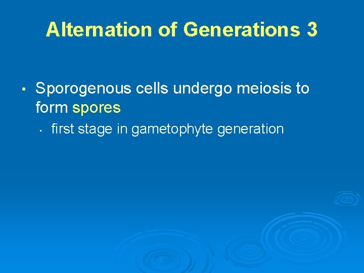 Alternation of Generations 3 • Sporogenous cells undergo meiosis to form spores • first