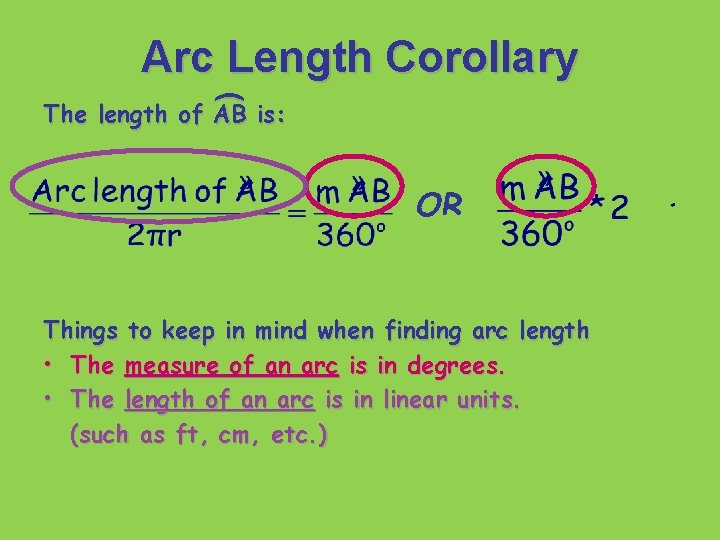 Arc Length Corollary ( The length of AB is: OR Things to keep in