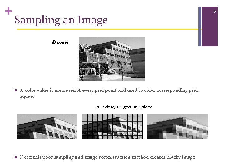 + Sampling an Image 3 D scene n A color value is measured at