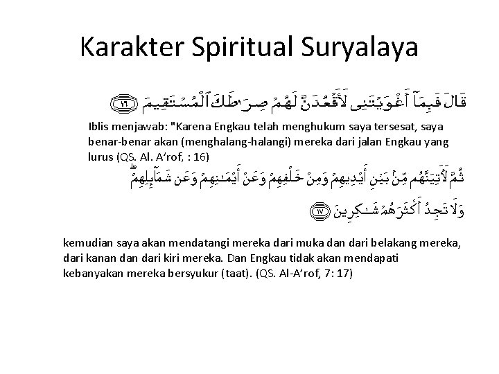 Karakter Spiritual Suryalaya Iblis menjawab: "Karena Engkau telah menghukum saya tersesat, saya benar-benar akan