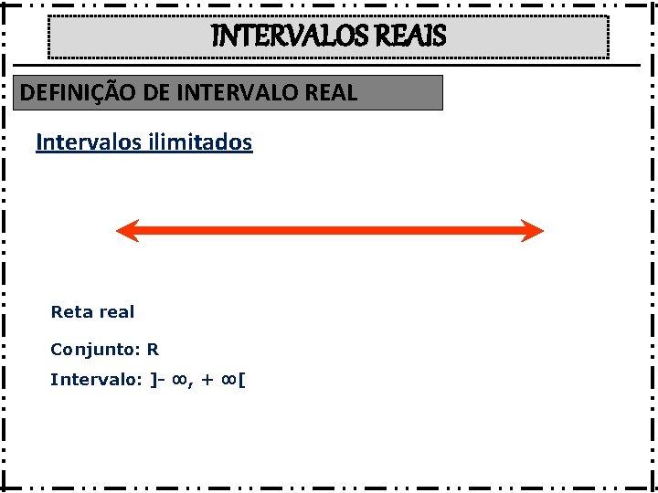 INTERVALOS REAIS DEFINIÇÃO DE INTERVALO REAL Intervalos ilimitados Reta real Conjunto: R Intervalo: ]-