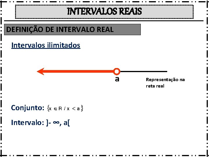 INTERVALOS REAIS DEFINIÇÃO DE INTERVALO REAL Intervalos ilimitados a Conjunto: Intervalo: ]- ∞, a[