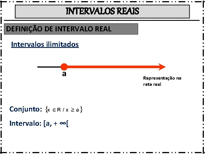 INTERVALOS REAIS DEFINIÇÃO DE INTERVALO REAL Intervalos ilimitados a Conjunto: Intervalo: [a, + ∞[