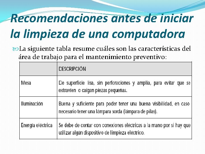 Recomendaciones antes de iniciar la limpieza de una computadora La siguiente tabla resume cuáles