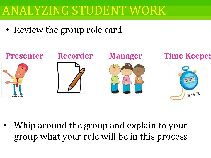 ANALYZING STUDENT WORK • Review the group role card Presenter Recorder Manager Time Keeper