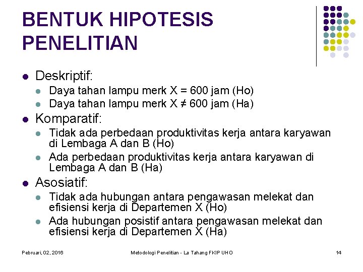 BENTUK HIPOTESIS PENELITIAN Deskriptif: Komparatif: Daya tahan lampu merk X = 600 jam (Ho)