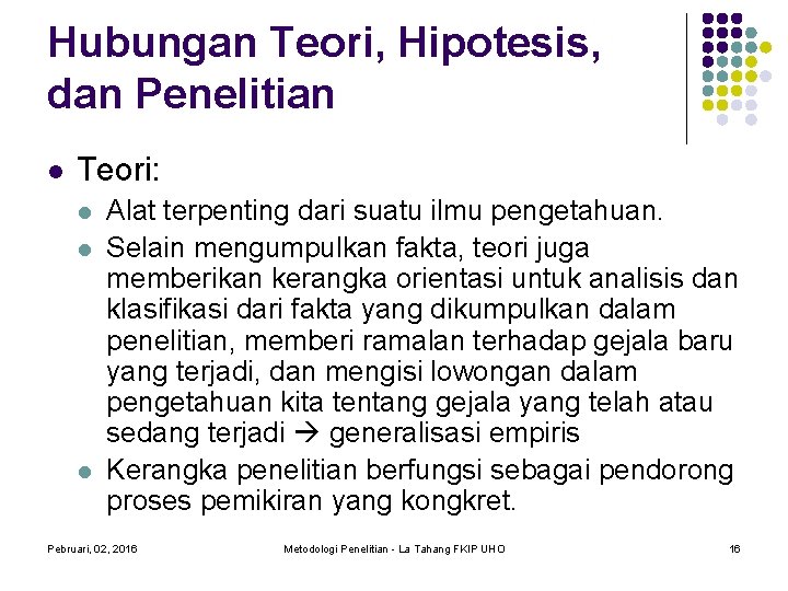 Hubungan Teori, Hipotesis, dan Penelitian Teori: Alat terpenting dari suatu ilmu pengetahuan. Selain mengumpulkan