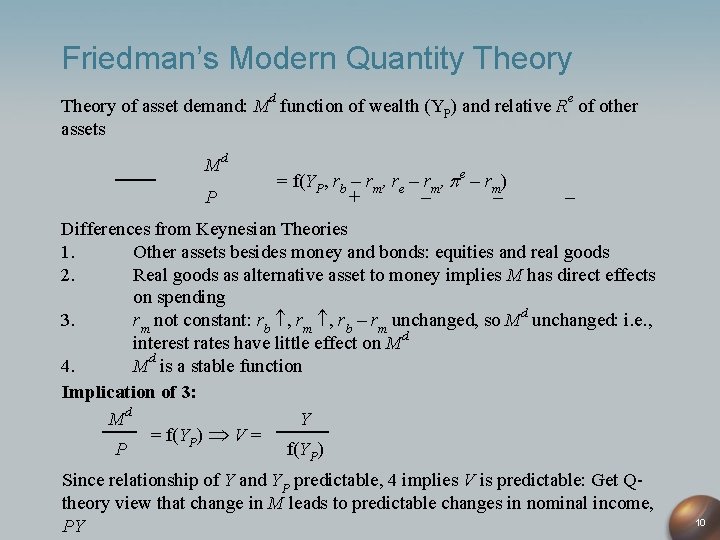 Friedman’s Modern Quantity Theory of asset demand: Md function of wealth (YP) and relative