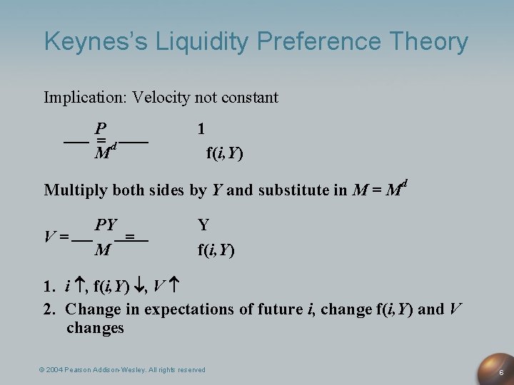 Keynes’s Liquidity Preference Theory Implication: Velocity not constant P =d M 1 f(i, Y)