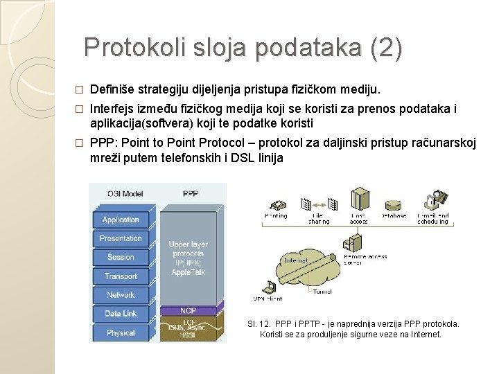 Protokoli sloja podataka (2) � Definiše strategiju dijeljenja pristupa fizičkom mediju. � Interfejs između