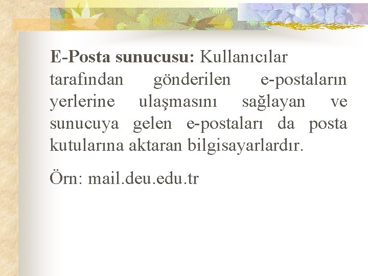 E-Posta sunucusu: Kullanıcılar tarafından gönderilen e-postaların yerlerine ulaşmasını sağlayan ve sunucuya gelen e-postaları da